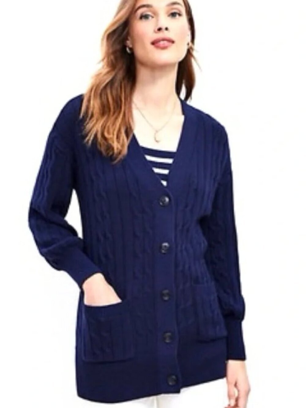 Loft Womens Size XL Cotton Cable Knit Cardigan Sweater Navy Blue Longline V-Neck